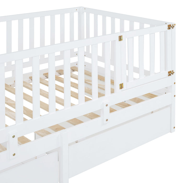 Daybed With Fence Guardrails And 2 Drawers, Split Into Independent Floor Bed & Daybed