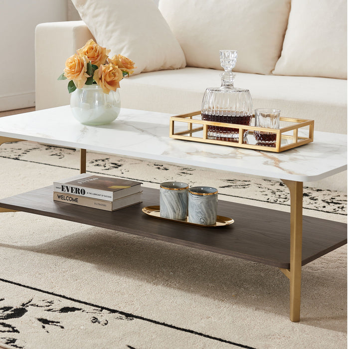 Coffee Table Rectangular Center Table For Living Room Open Space Side Table With Metal Frame - Golden / White