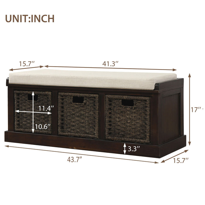 Trexm Rustic Storage Bench With 3 Removable Classic Rattan Basket, Entryway Bench With Removable Cushion - Espresso