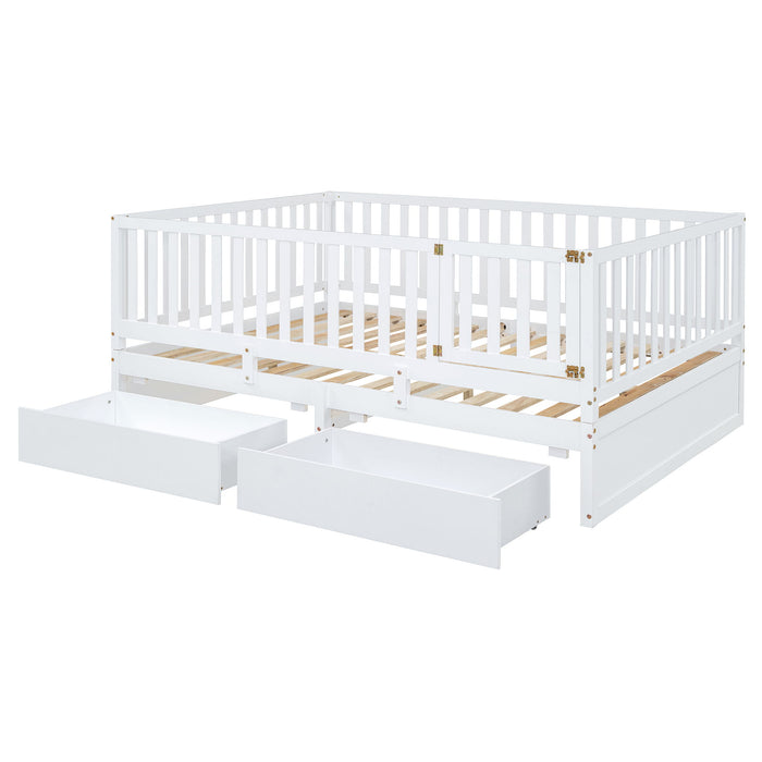 Daybed With Fence Guardrails And 2 Drawers, Split Into Independent Floor Bed & Daybed
