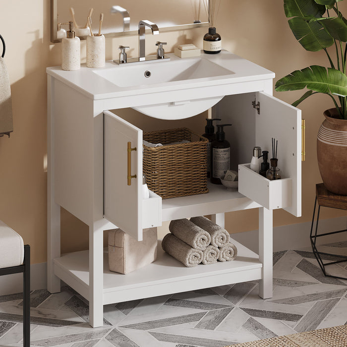 Elegant Bathroom Vanity With Ceramic Sink And Versatile Storage