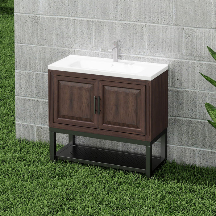 Modern Freestanding Bathroom Vanity With Ceramic Sink, Hot And Cold Faucet, Storage Cabinet & Open Shelf