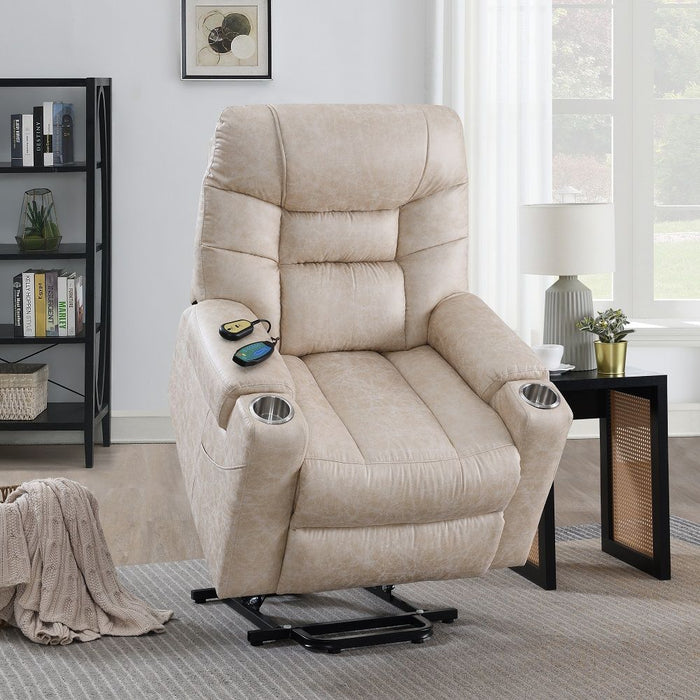 Nairi - Power Recliner With Lift & Heating & Massage - Ivory Leather Aire