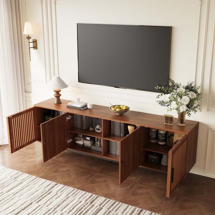 TV Stand, Media Console & Soft Closing Hinges, Adjustable Shelves, Slatted Doors - Walnut
