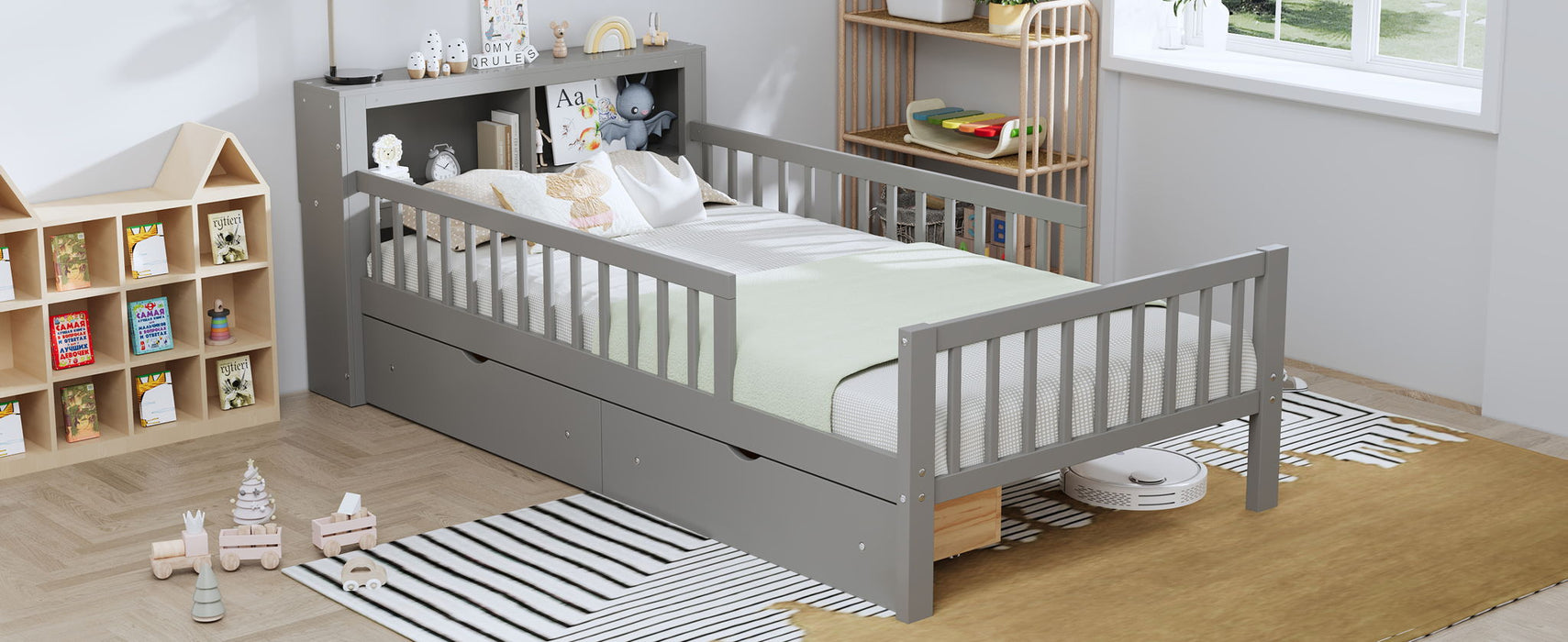 Bed With Headboard Storage Rack, 2 Under Bed Drawers, 3 Side Guardrails For Safety