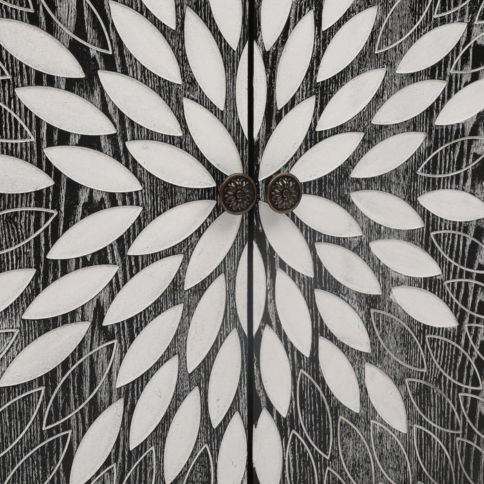 2 Door Carved Storage Cabinet With Adjustable Shelf, Accent Furniture