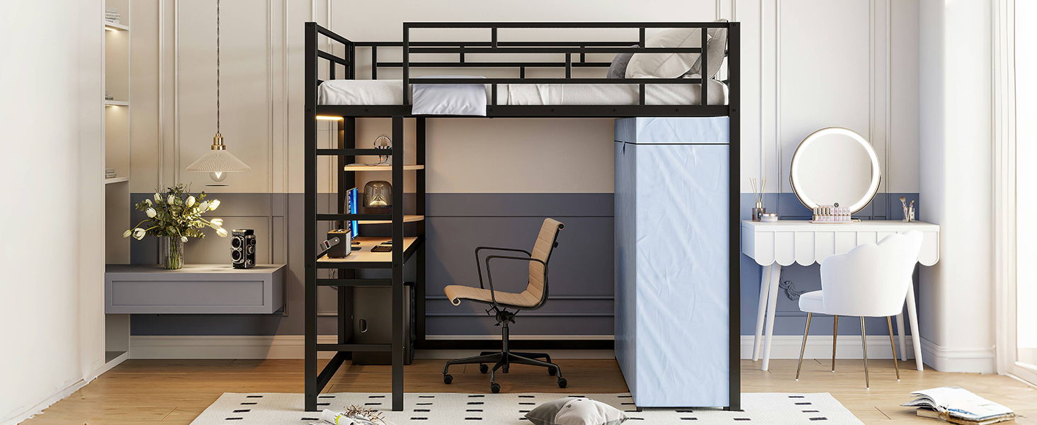 Loft Bed With Desk, Shelves, Power Outlet, LED Light And Wardrobe