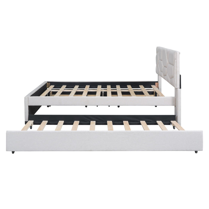 Upholstered Platform Bed With Brick Pattern Headboard And Twin Long Size Trundle