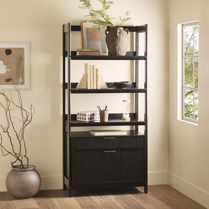 Transitional Wide Reeded Bookshelf With Drawers On Bottom
