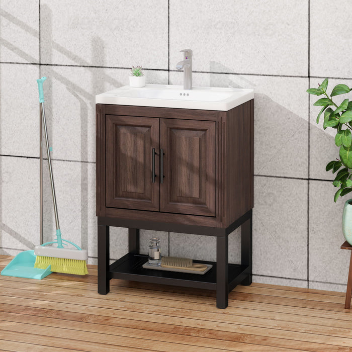 Modern Freestanding Bathroom Vanity With Ceramic Sink, Hot And Cold Faucet, Storage Cabinet & Open Shelf