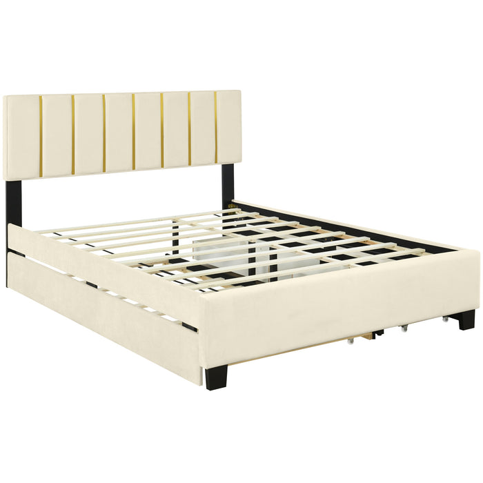 Upholstered Platform Bed With 2 Drawers And 1 Trundle, Classic Strip Headboard Design