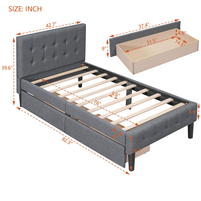 Twin Size Upholstered Platform Bed With 2 Drawers - Gray