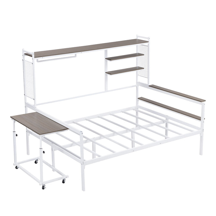 Daybed With Movable Desk, Grid, Shelves And Clothes Hanger