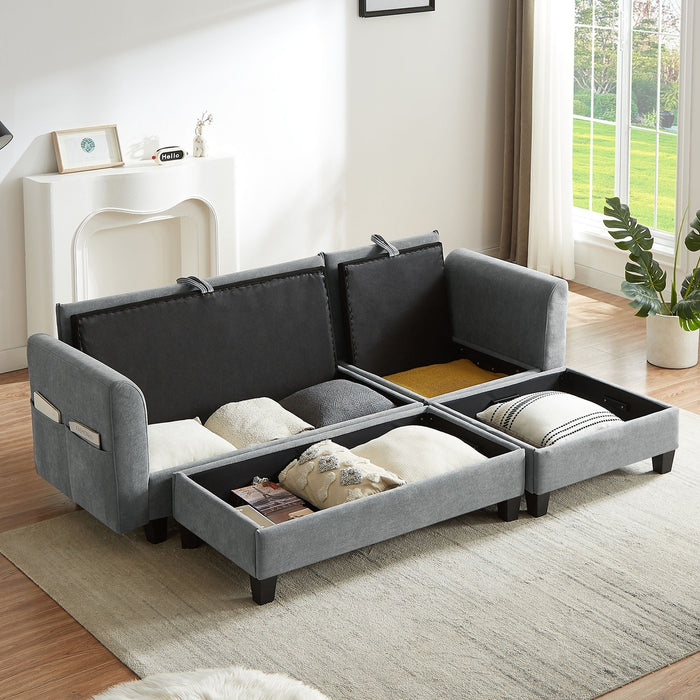 Upholstered L Shaped Sectional Sofa With Storage, Movable Ottoman, And 6 Throw Pillows