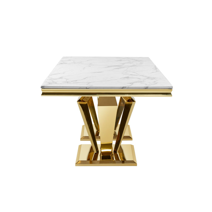 79.53 In. Elegant Marble Pattern Dining Table For 6 Or 8 Seats Polished Stainless Steel Base - Gold