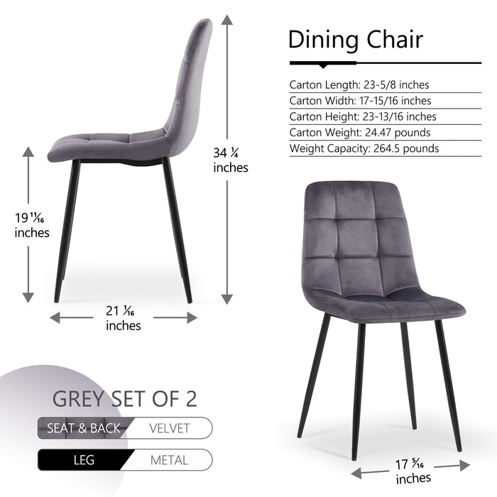 Grey Velvet Dining Chairs (Set of 2) Dining Room Side Seating, Kitchen Chairs With Metal Legs For Living Room