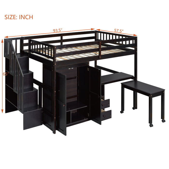 Loft Bed With Stairs, Bookshelf, Drawers, Desk & Wardrobe, Space Saving Multifunctional Furniture