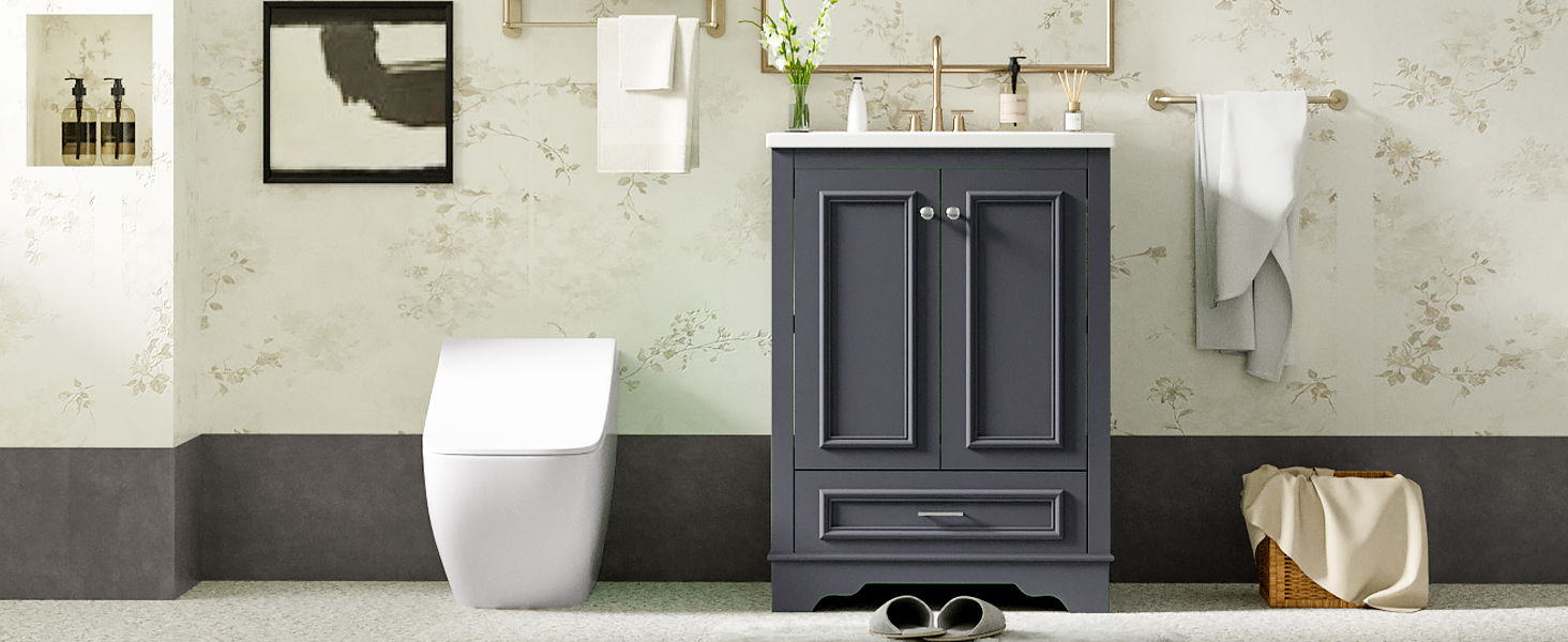 Bathroom Vanity With Ceramic Sink Combo, Modern Freestanding Storage Cabinet With Silver Handles
