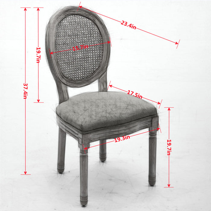 French Style Solid Wood Frame Antique Painting Linen Fabric Rattan Back Dining Chair (Set of 2)