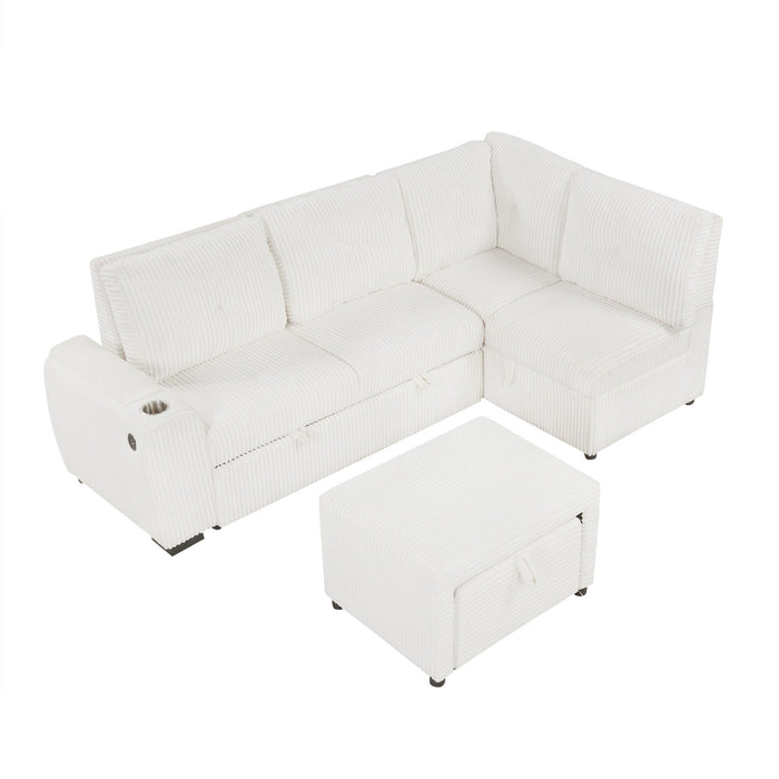 Pull-Out L-Shaped Sectional Sofa With Movable Ottoman And Stool, Large Storage Space, A Cup Holder, And 2 USB Ports For Living Room