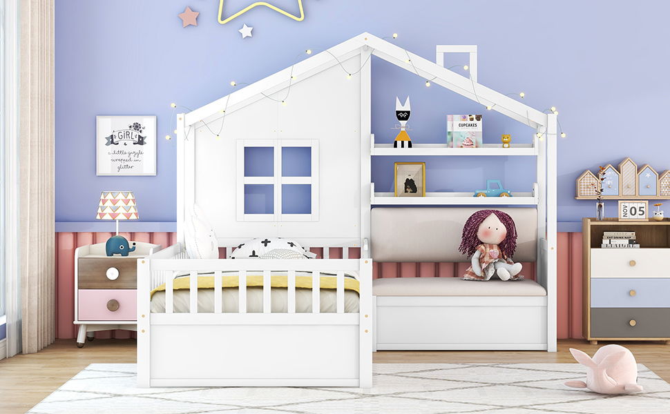 House Bed With Sofa, Kids Platform Bed With 2 Drawers And Storage Shelf