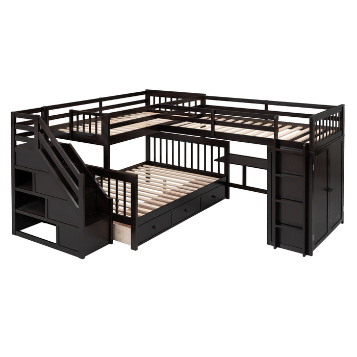 L Shaped Bunk Bed With 3 Drawers, Portable Desk And Wardrobe