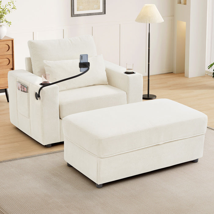 Modern Style Armchair Chaise Lounge Sofa Couch With Movable Storage Ottoman, USB Ports, Cup Holders, Phone Holder, Side Pockets