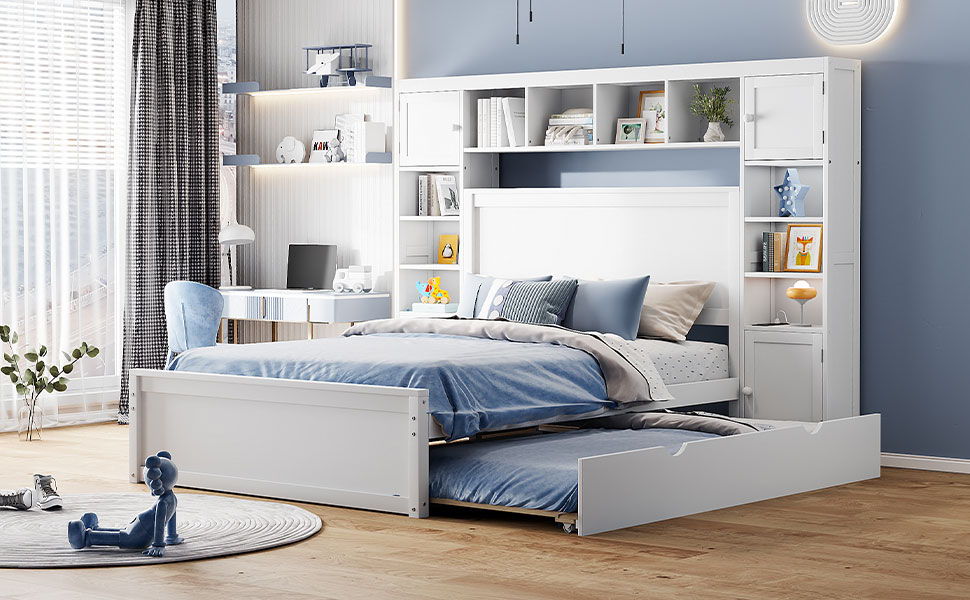 Bed With All In One Cabinet, Shelf And Sockets, Trundle