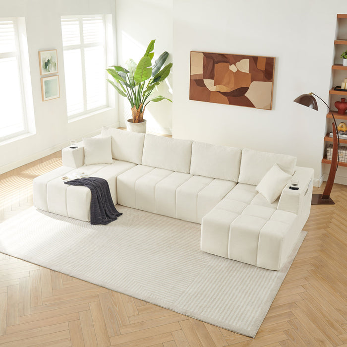 U - Shaped Sectional Sofa, Cup Holders & Side Pockets For Living Room