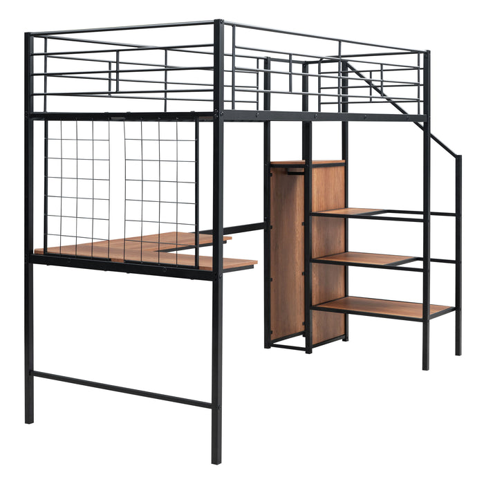 Loft Bed With Desk And Grid, Stylish Frame With Lateral Storage Ladder And Wardrobe