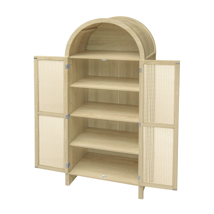 Tall Arched Kitchen Pantry, Arched Storage Display Cabinet With 2 Drawers & Adjustable Shelves, Rattan Door Versatile Storage Cabinet For Kitchen, Dining Room - Natural