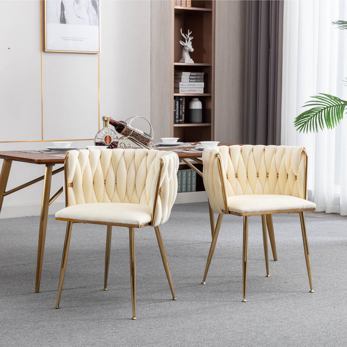 Modern Design Golden Metal Frame Velvet Fabric Dining Chair With Golden Legs, (Set of 2), Ivory
