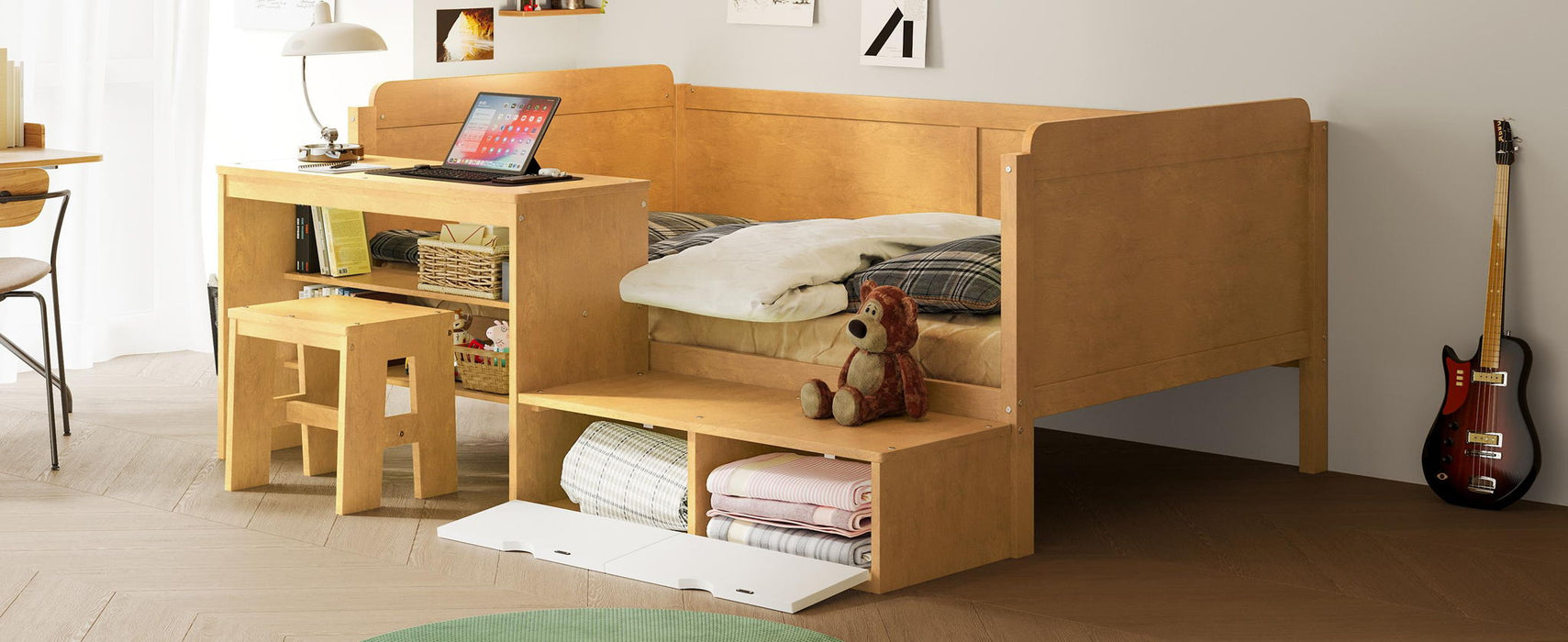 Daybed With Storage Shelves And Lockers, Multi Functional Bed With Study Desk And Matching Stool