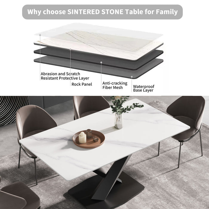 Modern Artificial Stone Straight Edge Metal X Leg Dining Table, 6 People