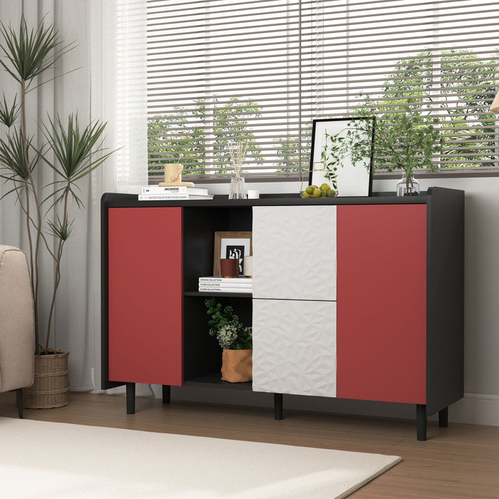 Modern Sideboard Buffet Cabinet With Red Doors And Unique Panel Styling