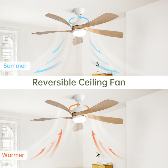 52" Ceiling Fan With 3 Color Dimmable LED Light, 5 Blades, Remote Control, Reversible DC Motor