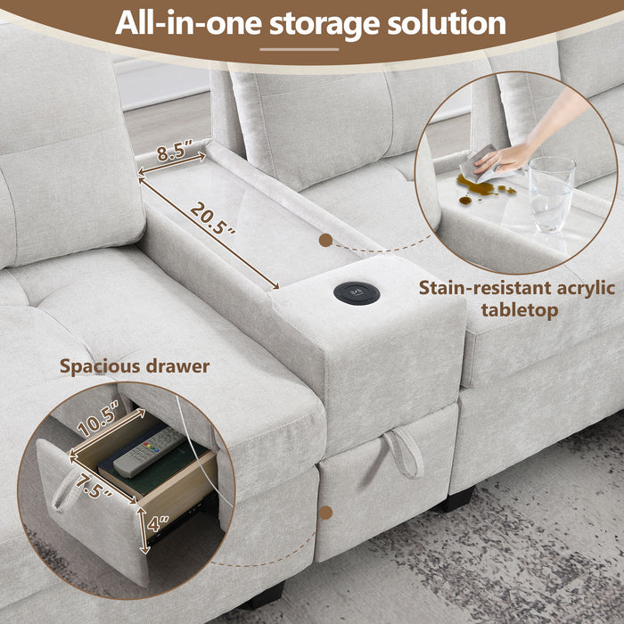 Sectional With Acrylic Table Top U Shaped Couch Set With 2 Consoles USB Charger, Storage Drawers And Pockets Movable Ottoman Tufted Sofa