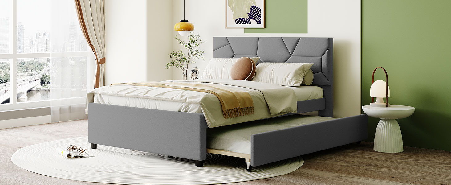 Upholstered Platform Bed With Brick Pattern Headboard And Twin Long Size Trundle