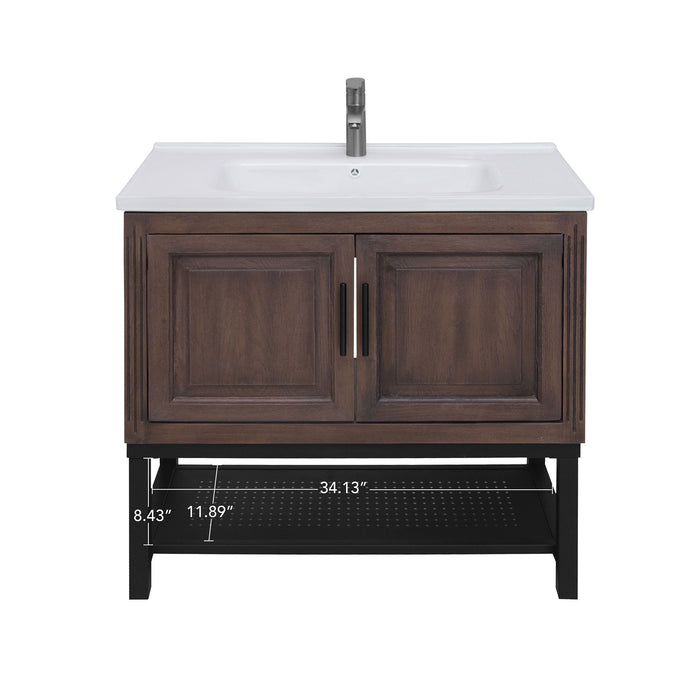 Modern Freestanding Bathroom Vanity With Ceramic Sink, Hot And Cold Faucet, Storage Cabinet & Open Shelf