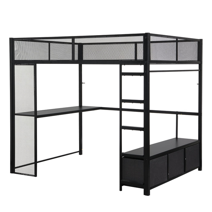 Full Size Gaming Loft Bed With LED Desk, Open Wardrobe, 3 Linen Storage Drawers - Black