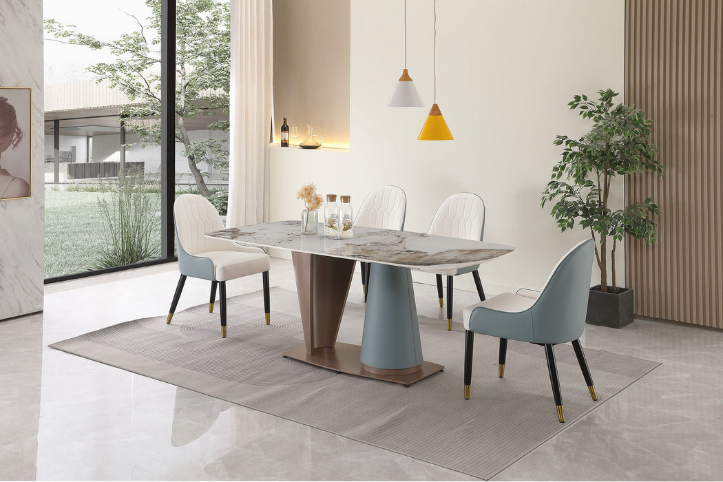 71" Pandora Color Sintered Stone Dining Table With Cone Shape Pedestal Base In Champagne And Blue Color