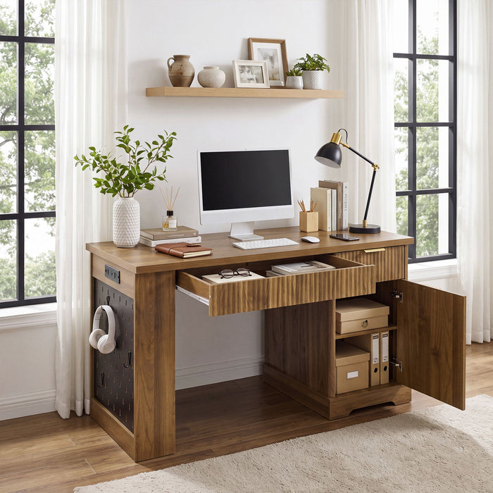 Modern Fluted Office Desk With Storage Cabinet