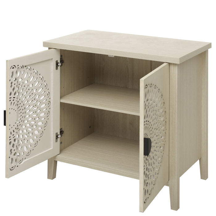 Hollow Carved 2 Door Accent Cabinet Sideboard Buffet Storage Cabinet With Adjustable Shelf For Entryway Living Room Bedroom - Natural