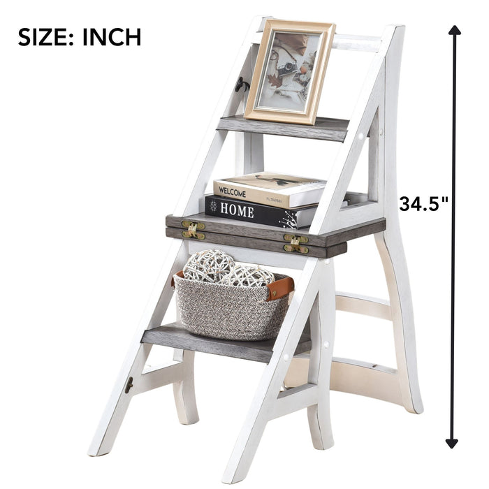 Solid Wood Foldable Ladderchair Dual Purpose Stepladders Step Display Stand Flower Stand Forhome, Library, Kitchen - Antique White / Sandstone