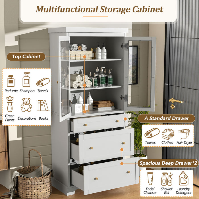 Freestanding Tall Bathroom Cabinet With Adjustable Shelves, Drawers, Soft Close Glass Doors