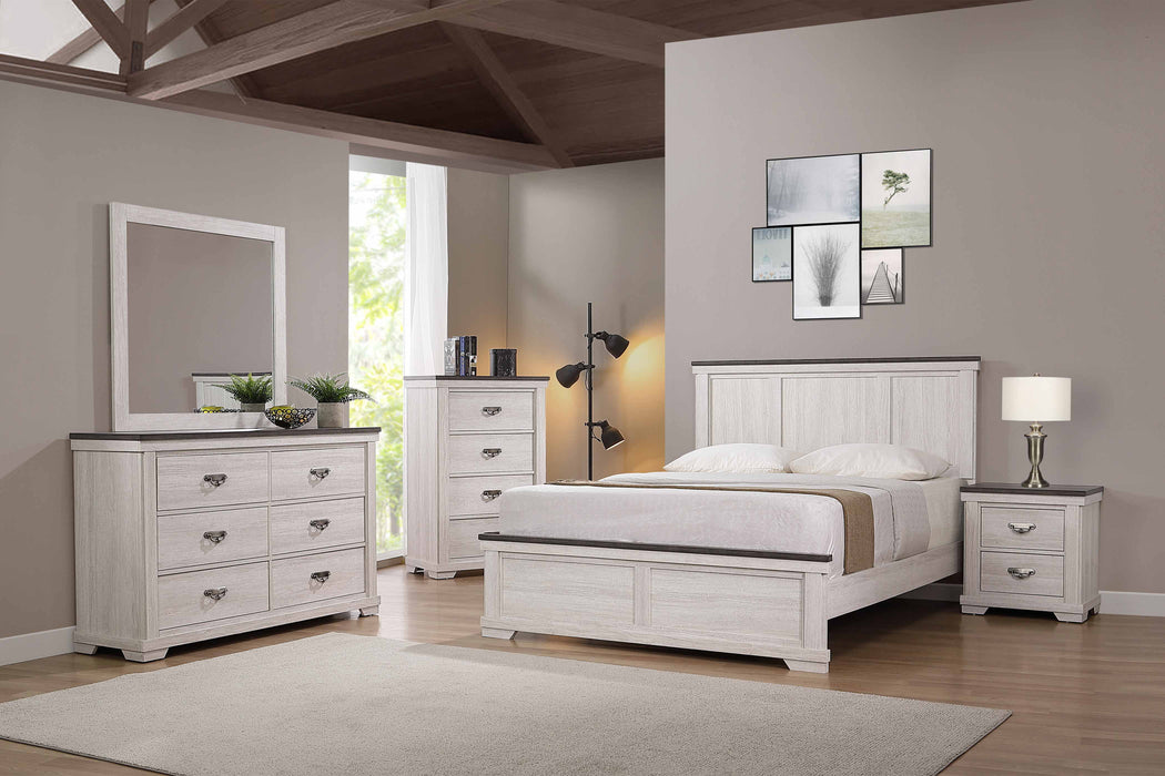 Farmhouse Rustic Style Antique White & Brown Queen Size Panel Bed Wooden Bedroom Furniture