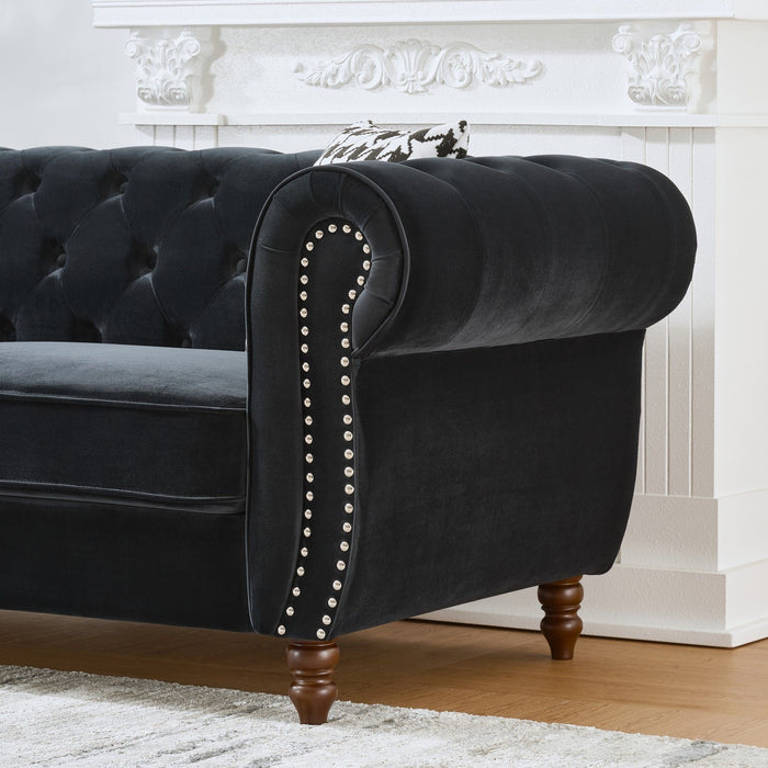 Chesterfield 3 And 2 Seater Velvet Upholstery Sofa With Roll Armrest & Nailhead Fabric Couch