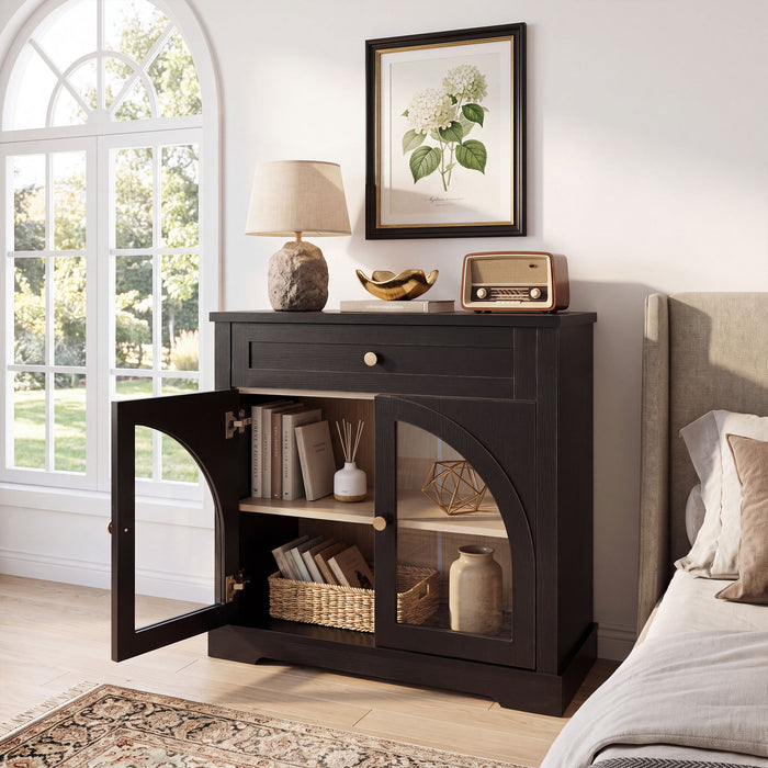 Sideboard Cabinet With 1 Drawer And 2 Arched Doors With Adjustable Shelves For Entryway - Black
