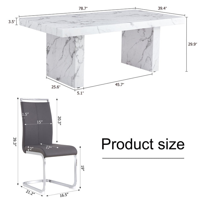 One Piece Of White MDF Material With Patterns On The Dining Table, 8 PU Synthetic Leather High Backrest Cushioned Side Chairs With C-Shaped Silver Metal Legs