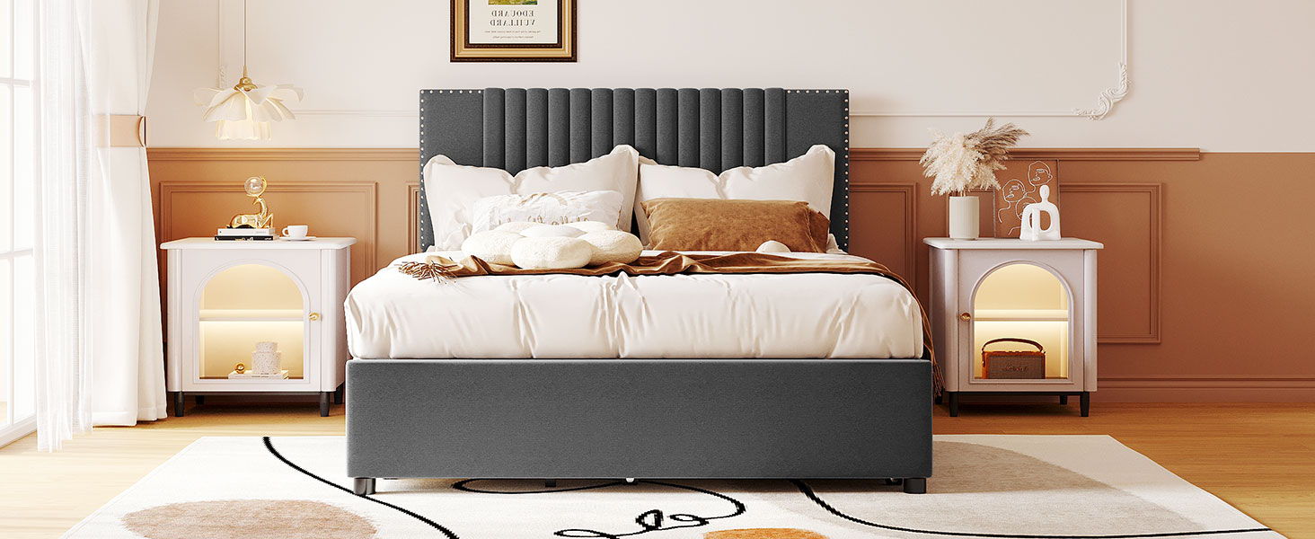 Upholstered Platform Bed With Drawers, Classic Headboard Design